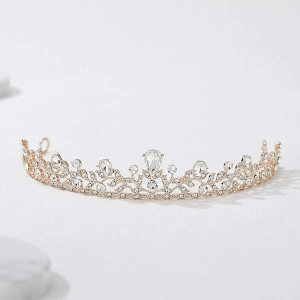 Ny, passande glittrande kristallkrona, prinsessdiadem, strassblad, bröllopshåraccessoar, roséguld