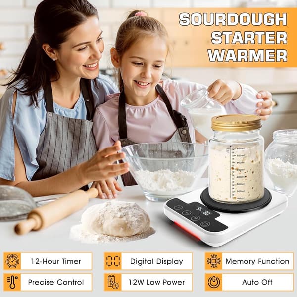 Surdejsstarter Varmemåtte, Præcis 1°F Temperaturkontrol, 12-timers Timer og Hukommelse, Til Brød, Yoghurt og Pizzadej, Hvid