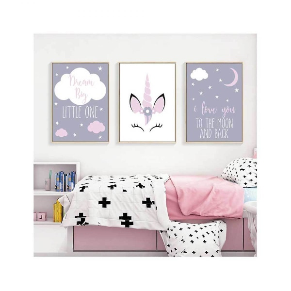 Wekity Moon and Unicorn Wall Art Canvas Print Poster,Simple Cute Watercolor Art Decor for Home Living Room Bedroom Office and Children's room(Set of 3