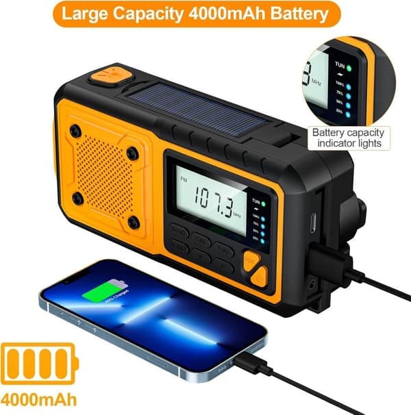 Nødradio med 4000mAh Powerbank - Solpanel & Håndsving