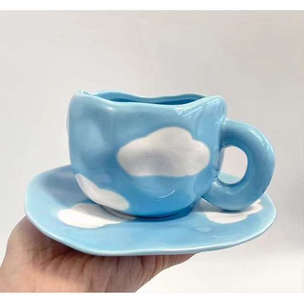 HA~Søde Kaffekrus Tekopper og Underkop Sæt, Sky Kaffekrus Cappuccino Latte Te Mælk Kopper (Blå, Sky)