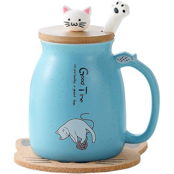 Sød kattekrus i keramik med sødt kattelåg, kattepote ske, kawaii-coaster, kop til morgenkaffe, te, mælk, julekrus, blå (WZ1281)