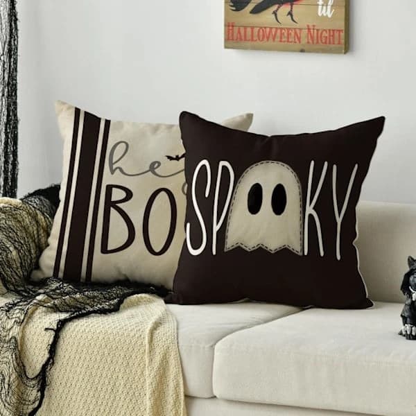 HA-Halloween Hey Boo Søde Spøgelser Skræmmende Pudebetræk, 45 x 45 cm Horror Pudebetræk til Sofagruppe med 4, Sort