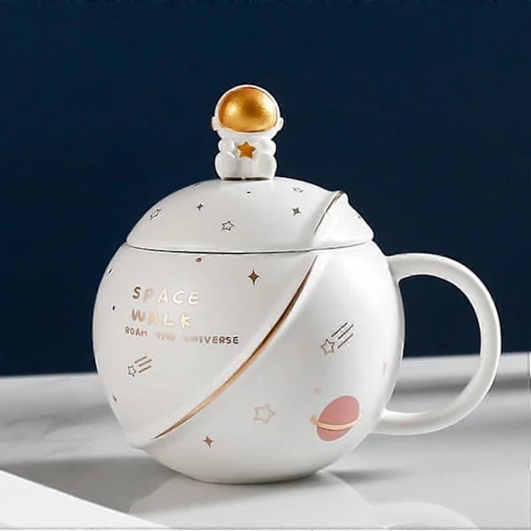 Söt Astronautmugg med Lock och Sked, Kawaii Kopp Nyhet Mugg för Kaffe, Te och Mjölk, Mugg Present