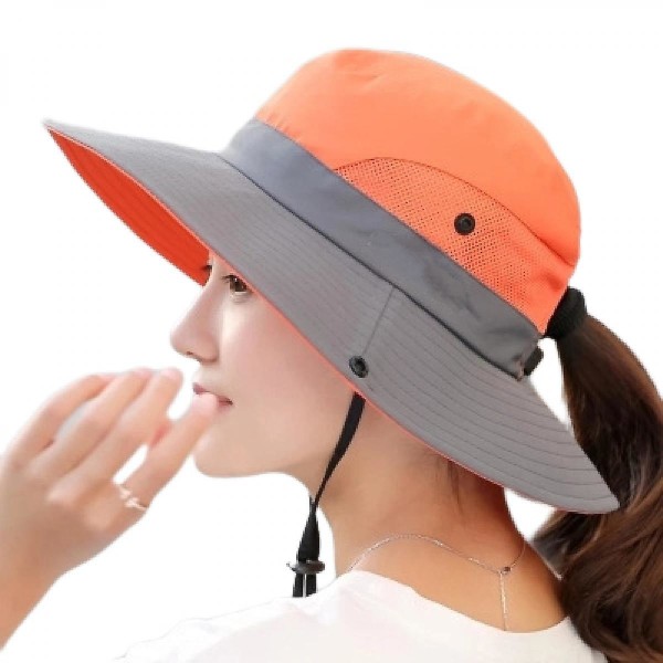 Sommer Outdoor Sport Fiskeri Hat, Uv Sol Hat Med Hestehale Hul Upf 50 Spand Hætte Til Piger Sommer Strand  Fiske, Orange