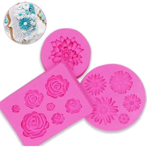 3 stk blomsterformede silikonformer, fondantformer sjokoladeroseform
