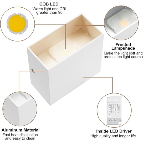 2 stk. 6w LED væglamper, 3000k varm hvid moderne aluminium øvre og nedre firkantede væglampe, egnet til stue, soveværelse, gang, spisestue