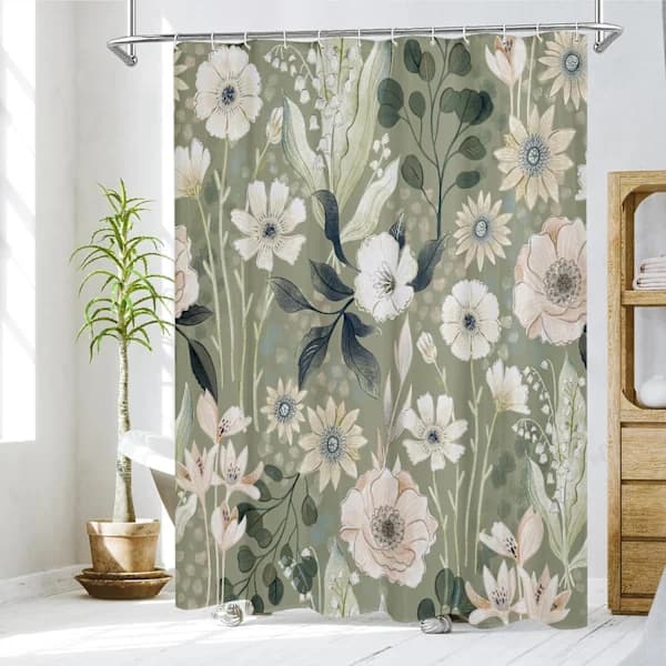 Grönt blommigt duschdraperi, sommarväxtblad tyg duschdraperier för elegant badrumsinredning, modern Ab