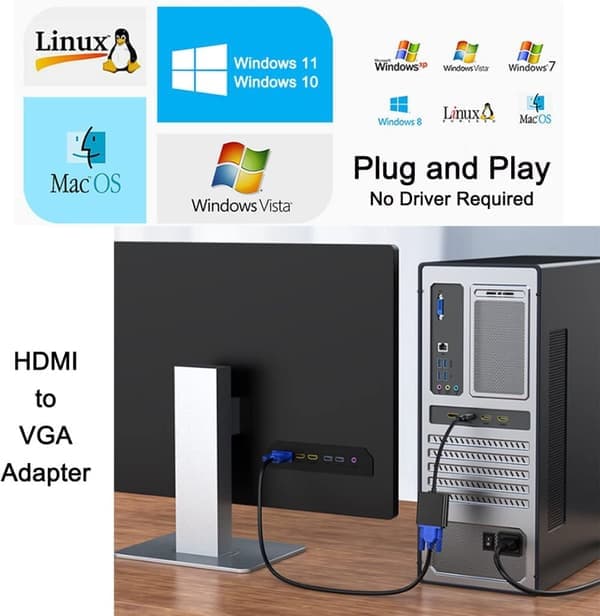 HDMI til VGA-adapterkabel - til computerskærm PC TV 1080P HD-video