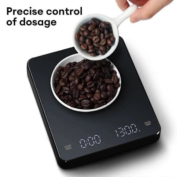 Digital kaffevåg med timer, LED-display, Espresso, USB, 3 kg maxvikt, 0,1 g hög precision, mäter i Oz/ml/g, köksvåg