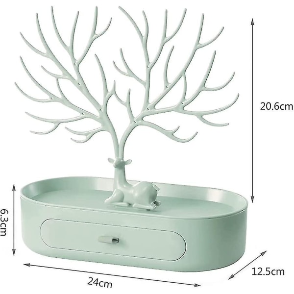 Smykkeholder i tre, ørepyntstativ for kvinner, ørepyntstativ, smykkeholder, med skuffer for gevirarmbåndstativ, gave til damer (grønn)