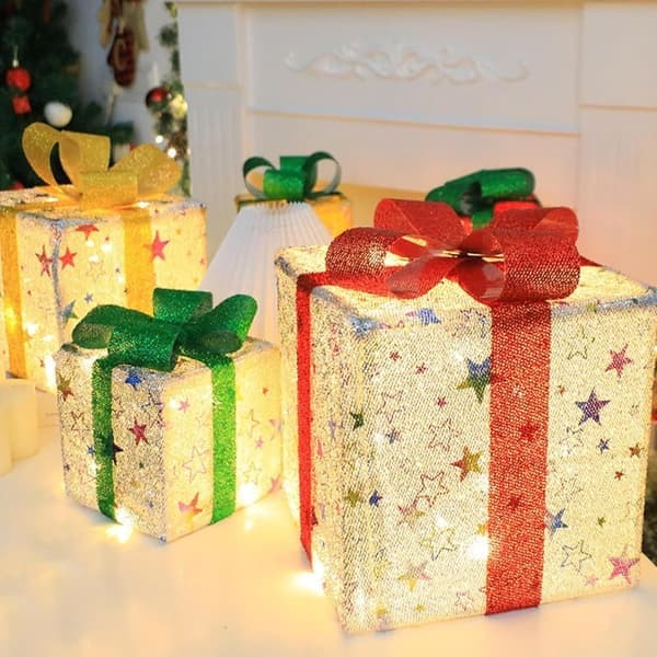 Christmas Decorations 3-Pack LED, Luminous Gift Boxes with Remote Control & 8 Lighting Modes