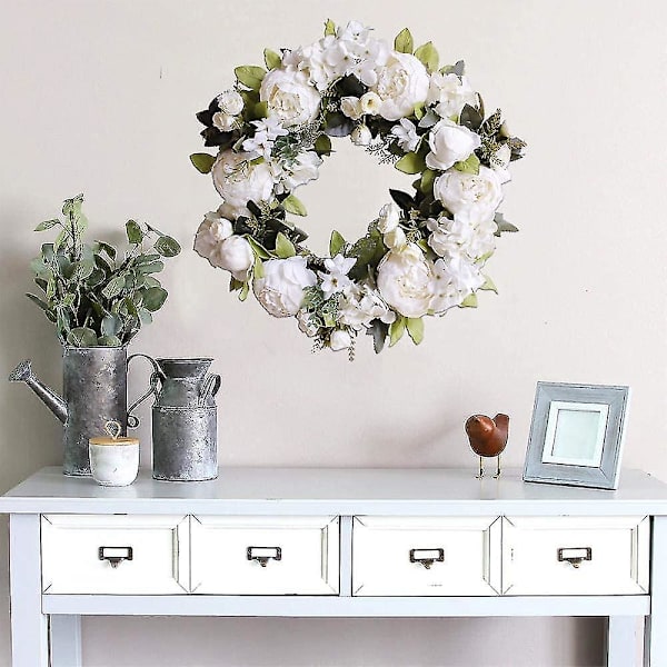 Peon og hortensia krans, kunstige hvite peoner og hortensiaer for inngangsdøren, kunstige hvite blomsterkranser med grønne blader for hjemmet, veggen og kontoret