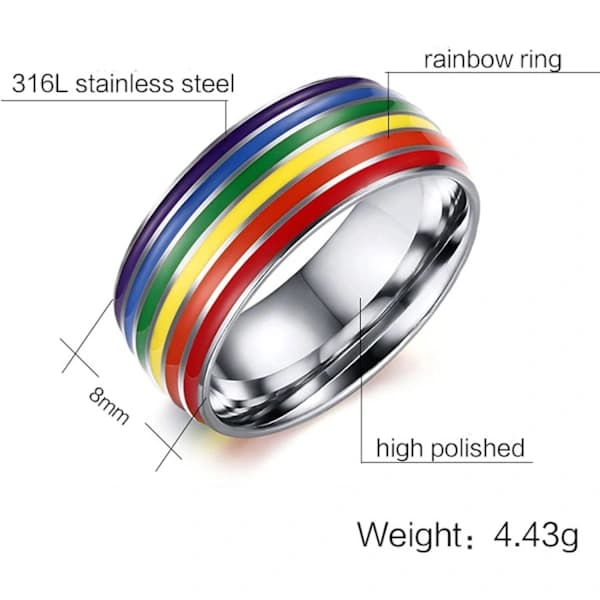 HA-8mm Rustfritt Stål Emalje Regnbue LGBT Pride Ring for Kvinner og