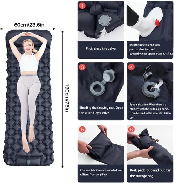 Self-Inflating Sleeping Pad with Foot Pump & Pillow, Ultralight Waterproof, 190x60 cm