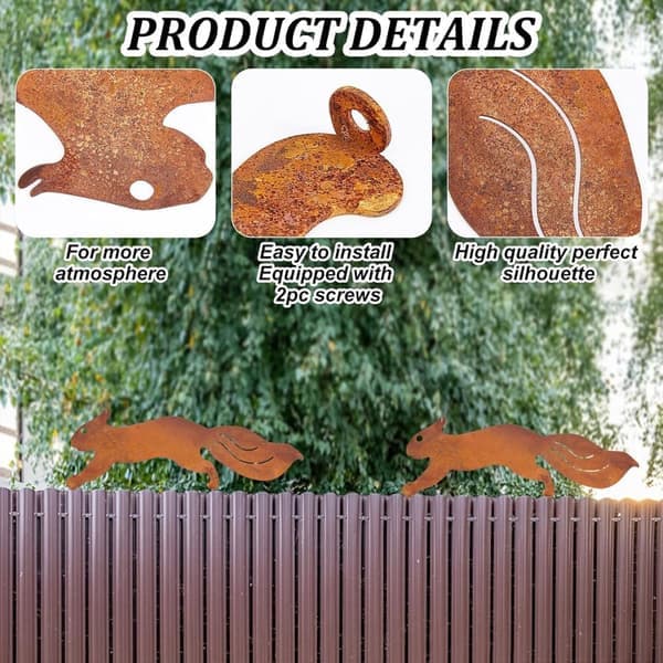 Rustik springende egernstang i metal - rustfarvet silhuet til havepynt