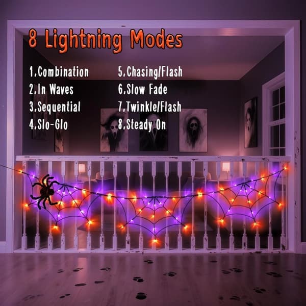 Halloween Spindelsvæv 1,8 m med 60 LED - Batteri/USB Timer 8 Lystilstande