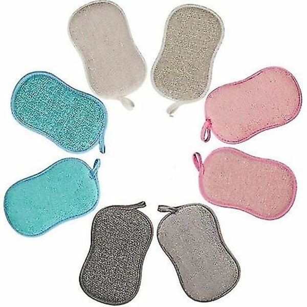 8 Pack Washable Dishwashing Sponge Antibacterial Microfiber Reusable Double Sponge Scouring Pads For Non-stick Pots Pans Pots