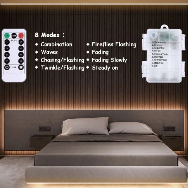 HA-3m batteridrevne LED-lamper med fjernkontroll, 90 LED-lamper vanntette, 8 moduser, dimbare, timer, selvklebende, klippbare (varmhvit)