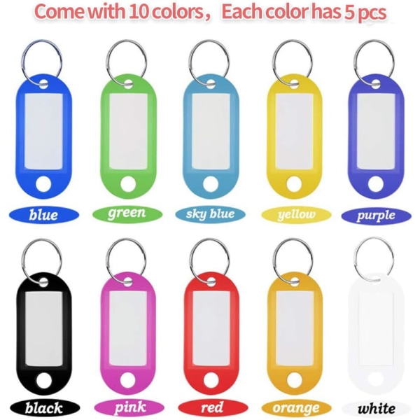 50 st plastnyckelringar med delad ring, ID-etiketter, bagageetiketter, bagageetiketter, husdjursnamn, minnesetiketter, etc (10 färger)