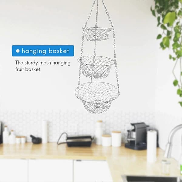 3-Tier Fruit Basket, Vegetable Storage Basket for Kitchen, Hanging Chain, Space Saving Fruits, Plant Storage Basket (Silver)