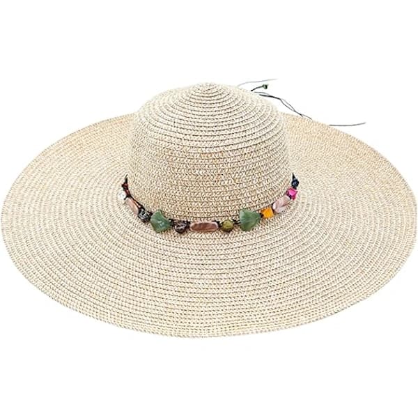 HA~Kvinders Bredskyggede Halmhat Floppy Foldbar Rulbar Kasket Strand Solhat UPF 50+ Khaki