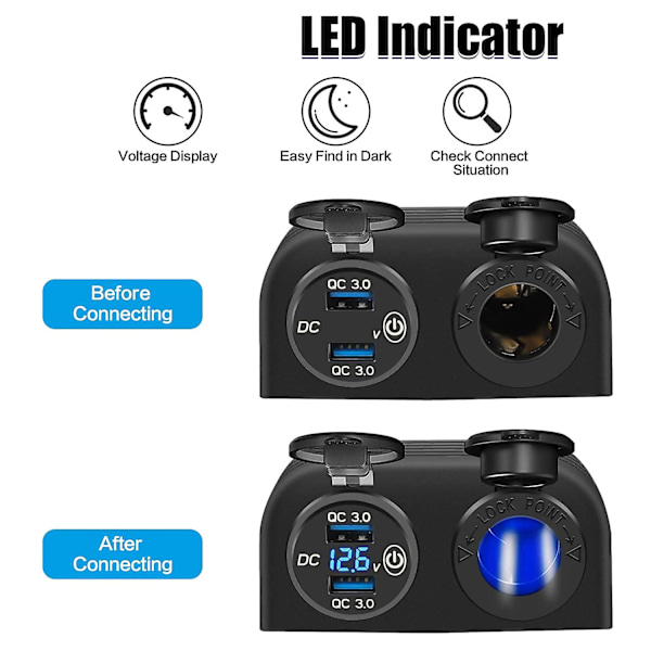 Panel med to huller til telt, hurtigoplader 3.0 dobbelt USB-billader + 12V/24V-stik til bil, motorcykel B