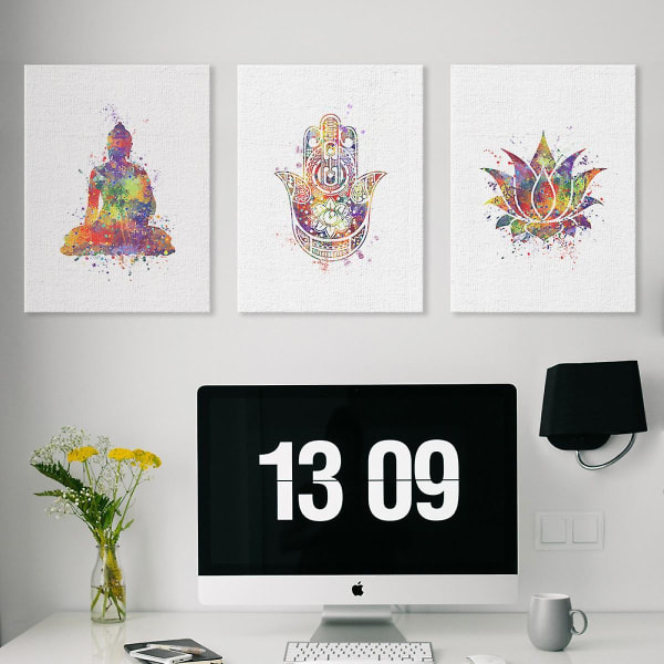 Wekity Buddha, Lotus og Mudra Vægkunst Lærredstrykplakat, Enkelt Mode Vandfarve Kunsttegning Dekoration til Hjem Stue Soveværelse Kontor (Sæt af 3