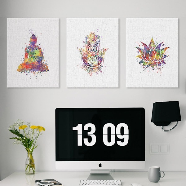 Wekity Buddha, Lotus og Mudra Vægkunst Lærredstrykplakat, Enkelt Mode Vandfarve Kunsttegning Dekoration til Hjem Stue Soveværelse Kontor (Sæt med 3