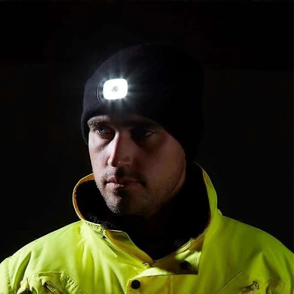 Let Hue med Lampe til Mænd, Varm Vinterhue med Pandelampe, Sort