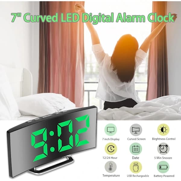 Digital Väckarklocka för Sovrum, 7\" LED-Spegelskärm, 2 Ljusstyrkor, 12/24H, USB-Driven, Minnesfunktion (Grön)