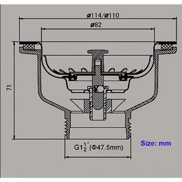 Vask si uden overløb i rustfrit stål, kurv ø 110 mm 1½  \", rustfrit stål + ABS-afløb + kurv