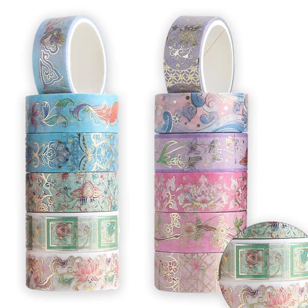 12 Rullar Papperstejp Set, Vacker Washi Tejp Mjuk Scrapbookingtejp Estetisk Guldfolie Papperstejp Dekaler Perfekt för DIY