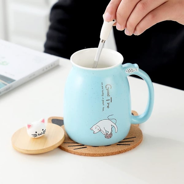 Sød kattekrus i keramik med sødt kattelåg, kattepote ske, kawaii-coaster, kop til morgenkaffe, te, mælk, julekrus, blå (WZ1281)