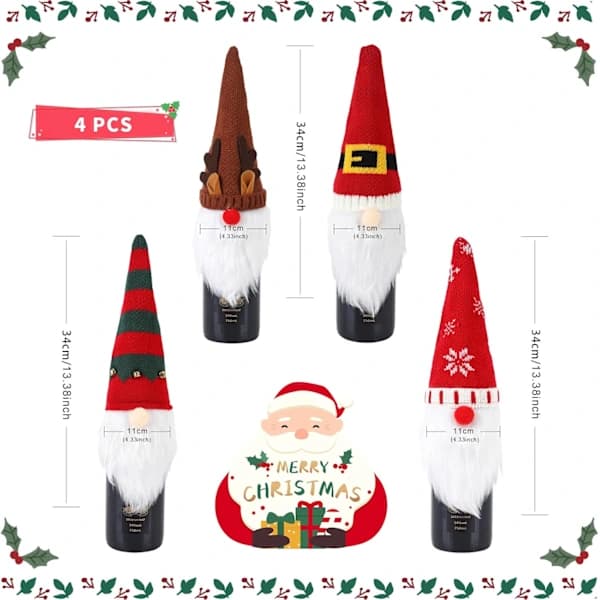 4-pack Jul Tomte Vinflaskor Omslag Handgjorda Tomtar Svenska Tomtar Vinflaskor Toppar Dekorativa Jultomte Presenter