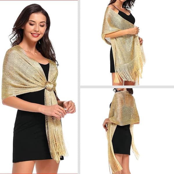 Dame metallic tørklæde, glitrende polyester frynset wrap med klips til bryllupper, aftenfester og strandferier, guld