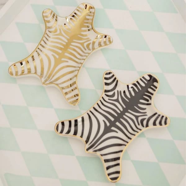 Zebra Stribet Smykkeskrin Keramisk Serveringsplade Guldbelagt 15 cm, Sort