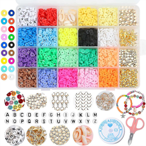 Leireperler til smykkefremstilling DIY-sett, 6 mm runde Heishi-perler med bokstav- og smilefjesperler Håndlagde perle sett DIY armbåndssett