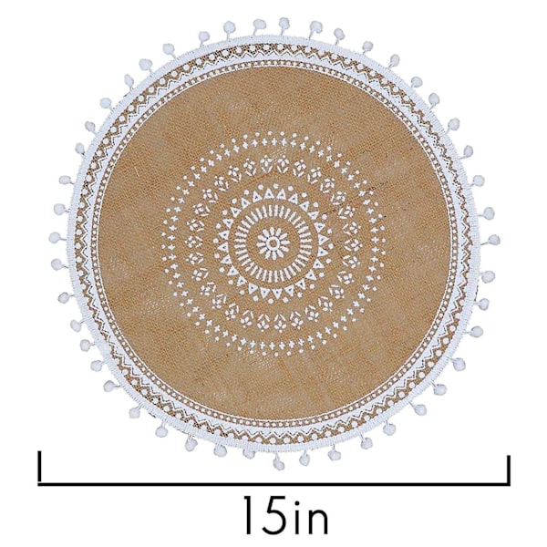 Runda bordstabletter set om 8, boho vävda jute bordsmattor med pompom tofs för matsal kök Tabl