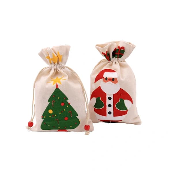 HA-Jutesäckar för julklappar, 5-pack med julmotiv, träpärlor
