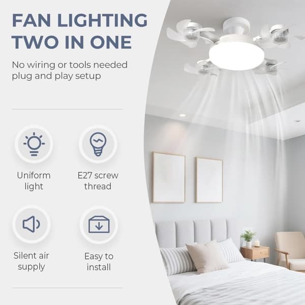 Loftventilator med lampe E27, fjernstyret ventilatorlampe med 3 hastigheder til soveværelse/stue
