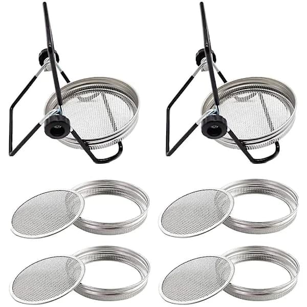 4 stk. Mason Jar-låg, 4 stk. Spirekasse-stativ, Rustfrit Stålsigte, Spirestativ Foldbart Justerbart