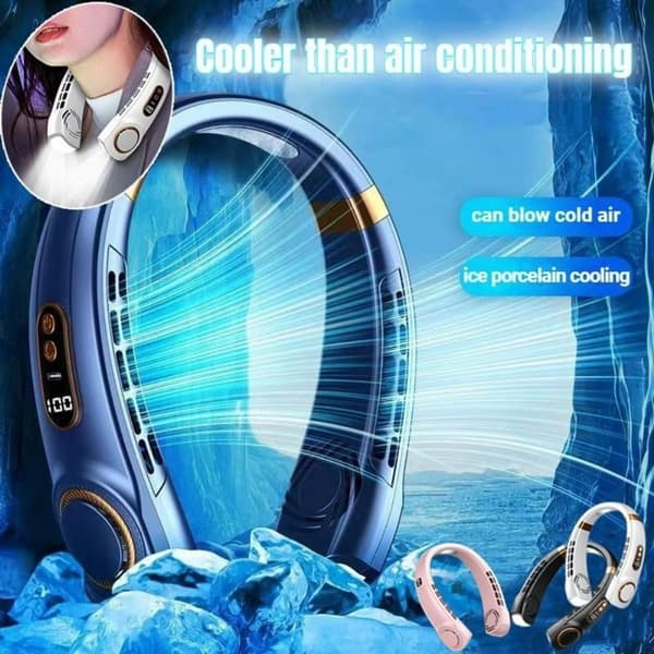 Halsventilator med LED-display, bladløst design, 5 hastigheder, USB-C genopladelig, 1800mAh, til udendørs aktiviteter og løb, blå