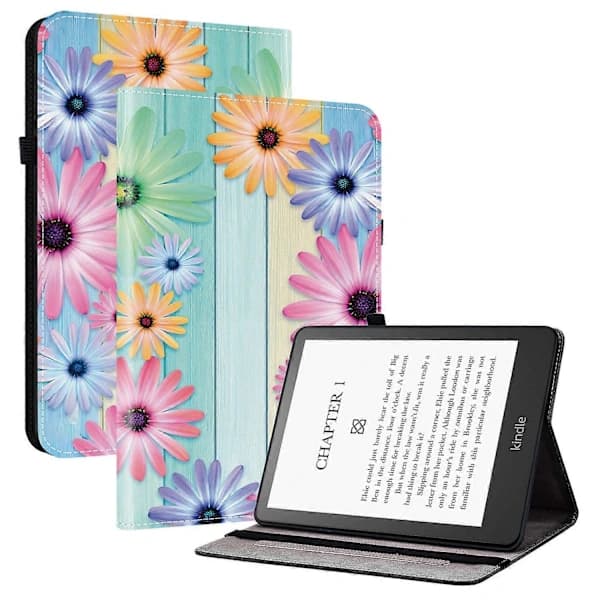 HA~Lærfutteral med mønster og stativ for Amazon Kindle Paperwhite (2024) med kortlommer