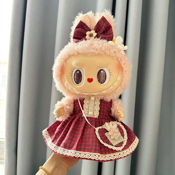 [HH] 38cm Labubu Tyg Emalj Plyschdocka Babykläder JD Japansk Blå Spetskjol Set Stor Baby Labubu Kläder Red