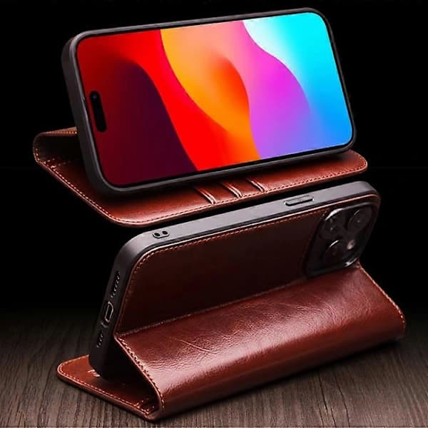 QIALINO Klassiskt äkta läderfodral för iPhone 15 Brun 15 Plus