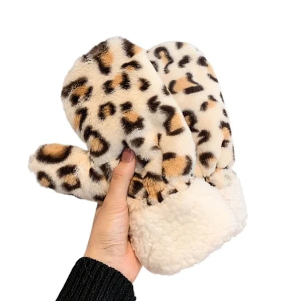 SHISHPEI Ko-trykte Plys Handsker Leopardprint Grimme Design Vinterhandsker Kuldebeskyttelse Bløde Plys Julevanter Vinter (FMY) Kaffe