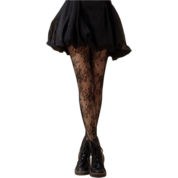 /HA/ Mönstrade strumpbyxor dam fisknät blomma strumpbyxor leggings strumpor (blomma svart)