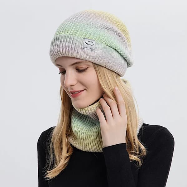 Heklet strikket lue og skjerfsett for kvinner, strikkede vinterluer, varm vinter skihue yellowish