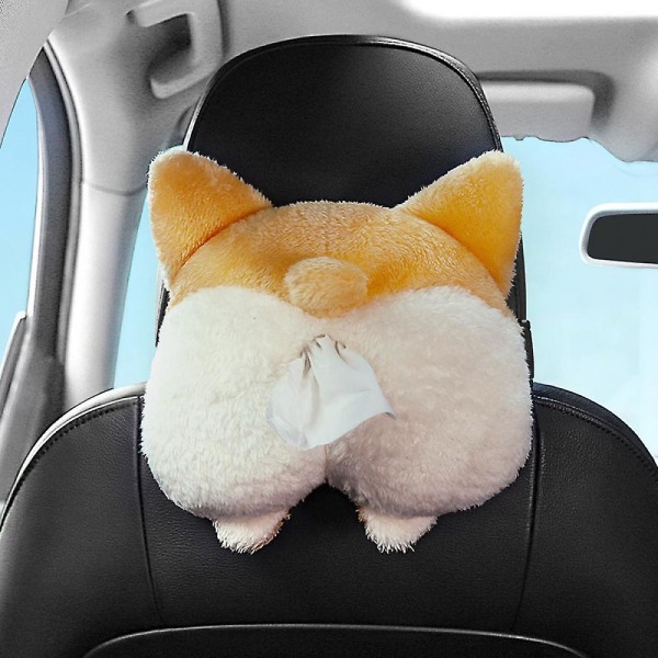 Car Tissue Box Holder, Cute Soft Plush Cat Corgi Butt Tissue Dispenser Cartoon Animals Car Tissue Box Paper Napkin Storage Box